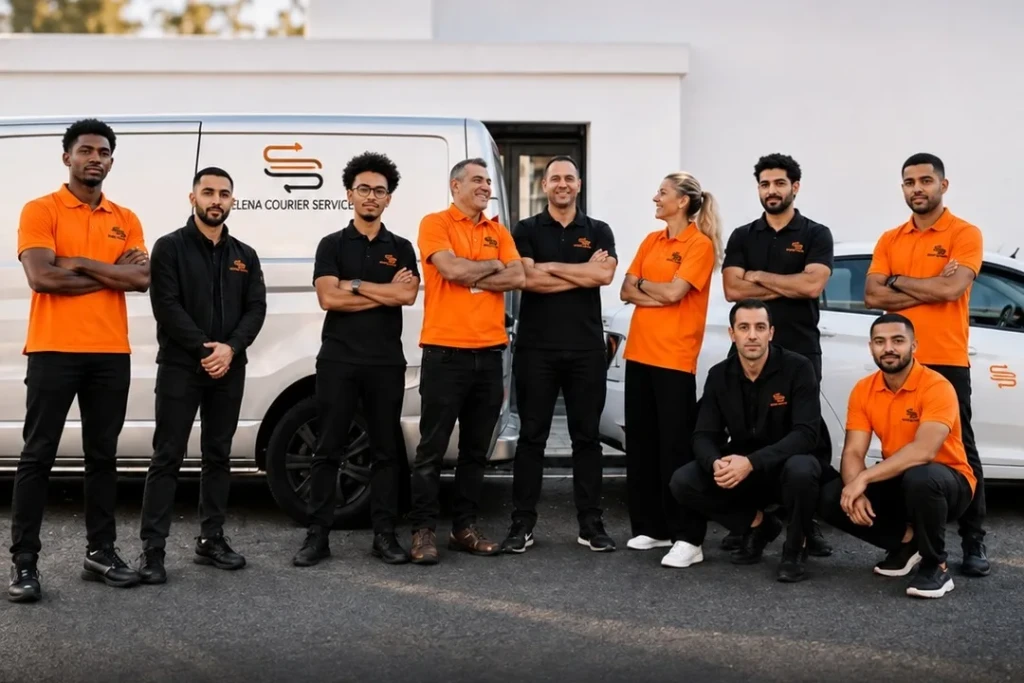 The Selena Courier Service team of couriers and coordinators in front of Selena vehicles in London