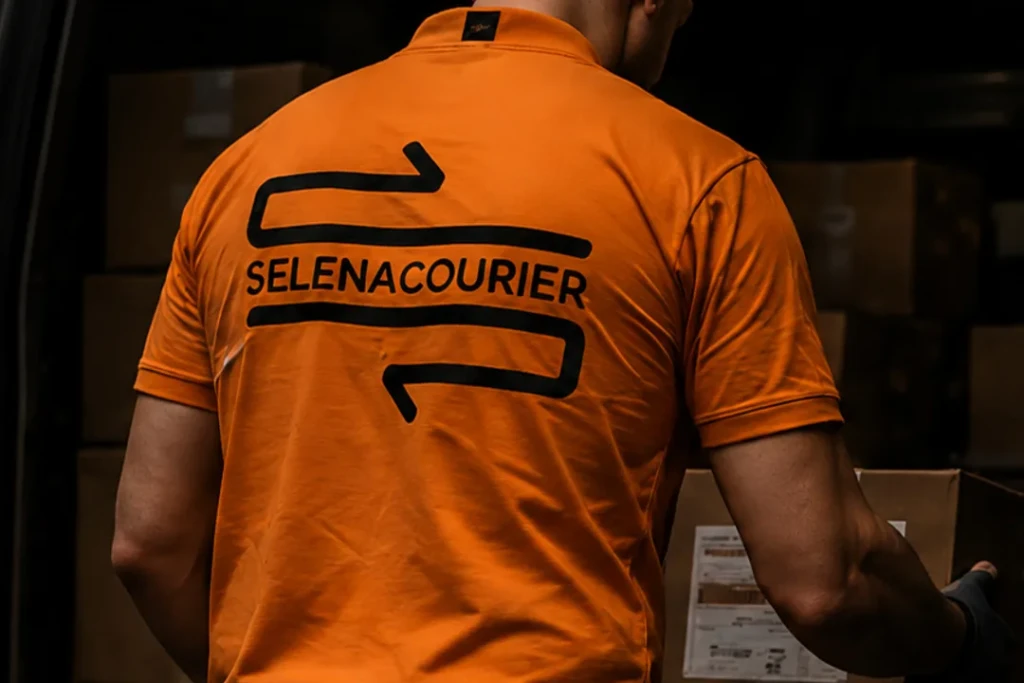Selena courier carrying a labelled box with further consignments loaded behind