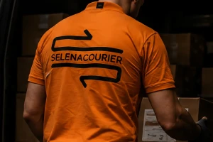 Selena courier carrying a labelled box with further consignments loaded behind