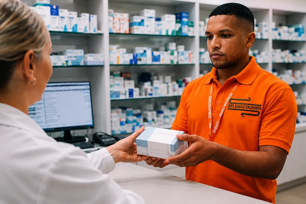 Secure handover of pharmacy items to a courier in London