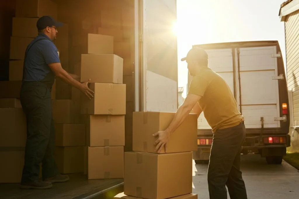 Movers loading boxes into a van for a London removal