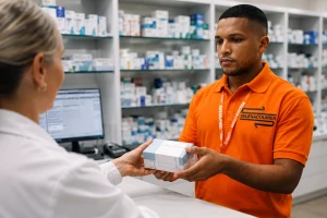 Pharmacy staff handing medication to a Selena courier