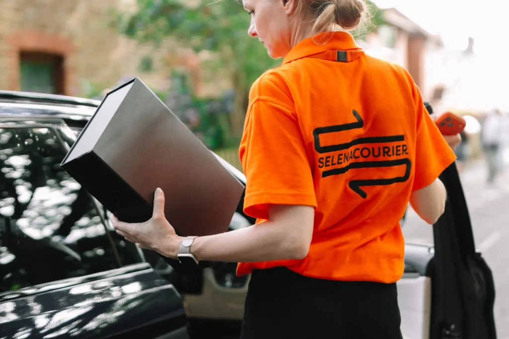 Courier loading a Selena Courier box beside the car