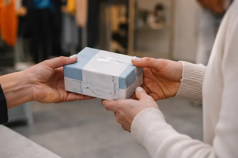 Client handover of a securely packaged parcel in a London boutique — structured courier partner service