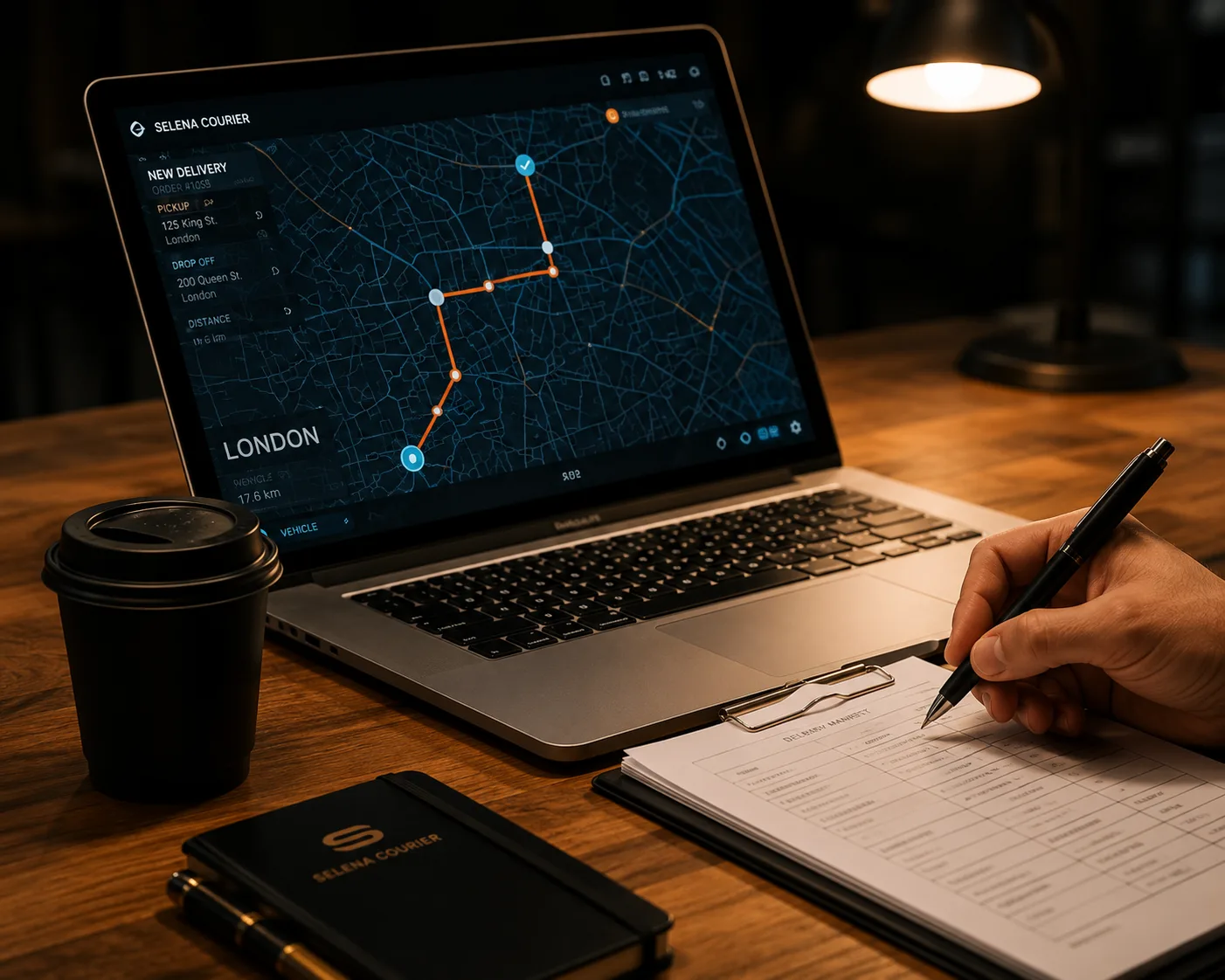 Delivery route planning on a laptop with a London map — structured logistics coordination behind business deliveries