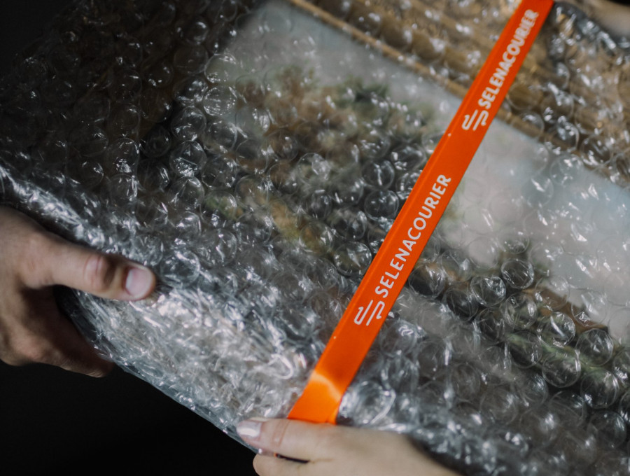 Item carefully wrapped and secured with the orange Selena Courier ribbon